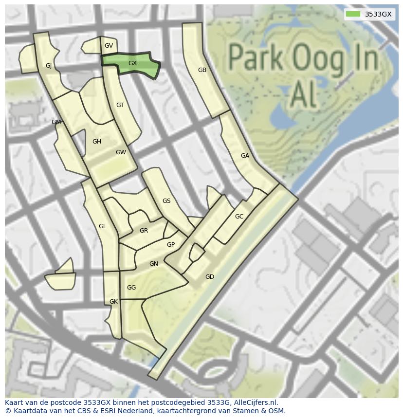 Afbeelding van het postcodegebied 3533 GX op de kaart.