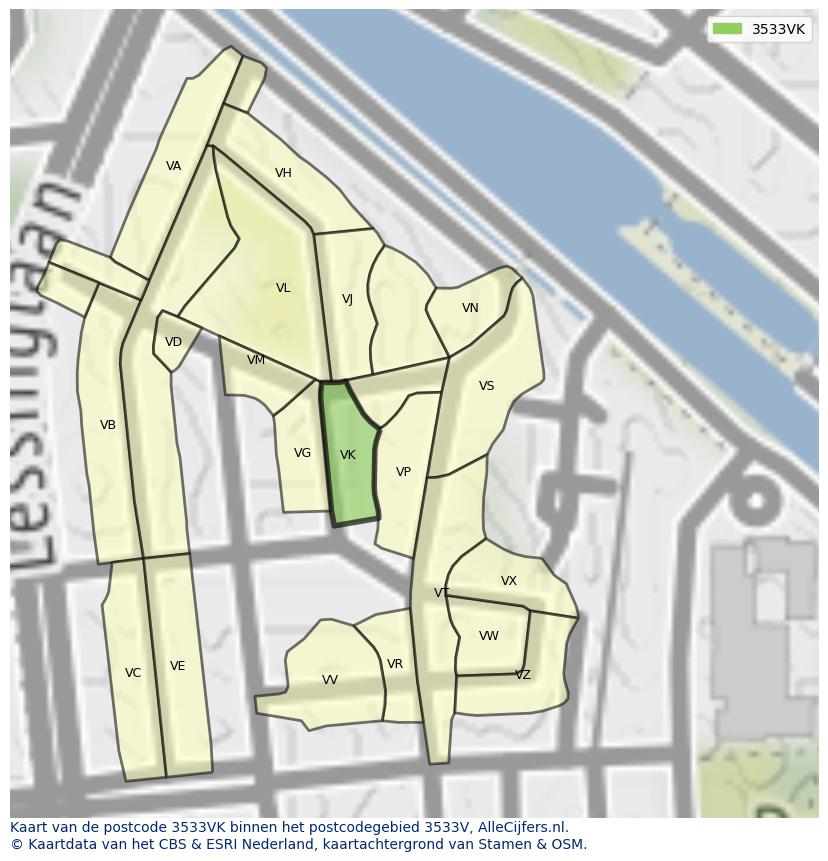 Afbeelding van het postcodegebied 3533 VK op de kaart.