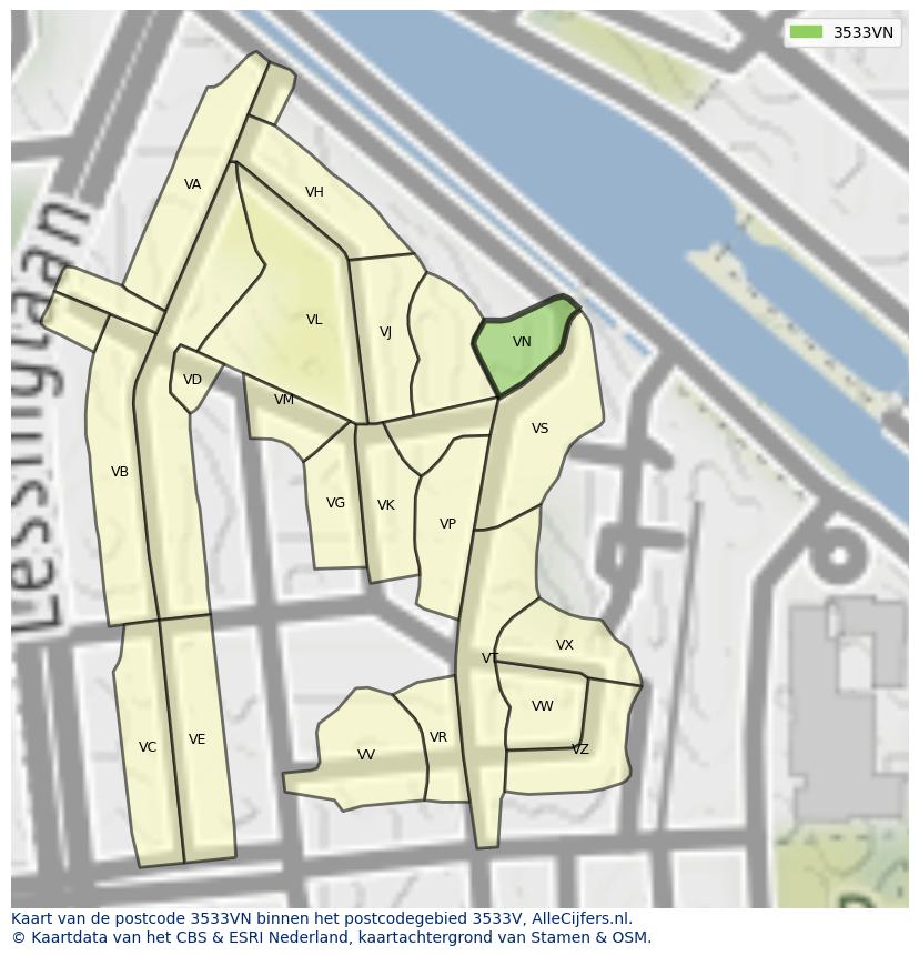 Afbeelding van het postcodegebied 3533 VN op de kaart.
