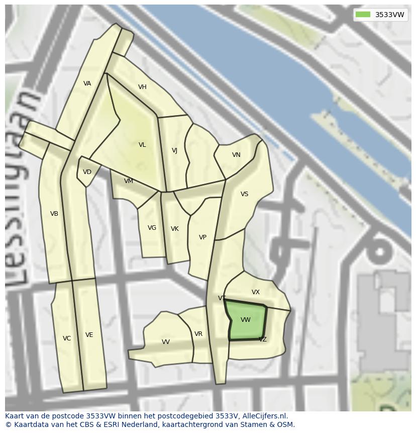 Afbeelding van het postcodegebied 3533 VW op de kaart.