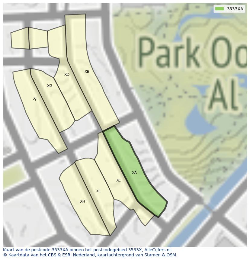 Afbeelding van het postcodegebied 3533 XA op de kaart.