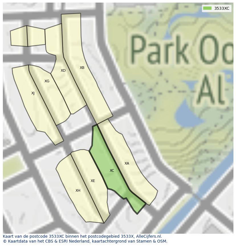Afbeelding van het postcodegebied 3533 XC op de kaart.