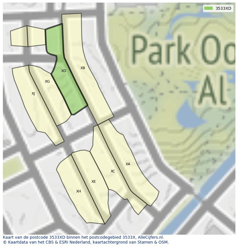 Afbeelding van het postcodegebied 3533 XD op de kaart.