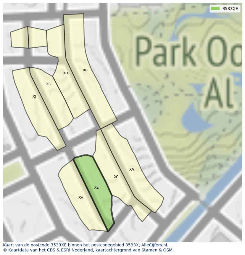 Afbeelding van het postcodegebied 3533 XE op de kaart.