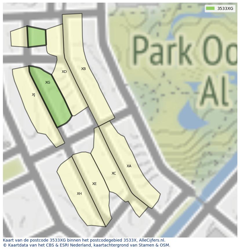 Afbeelding van het postcodegebied 3533 XG op de kaart.