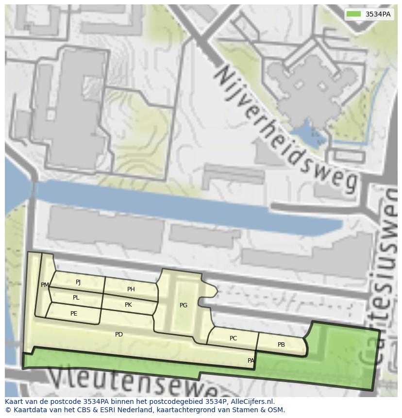 Afbeelding van het postcodegebied 3534 PA op de kaart.