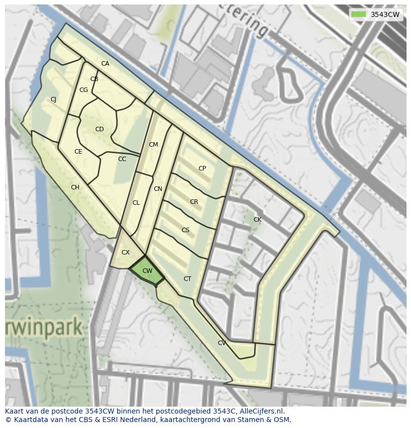 Afbeelding van het postcodegebied 3543 CW op de kaart.