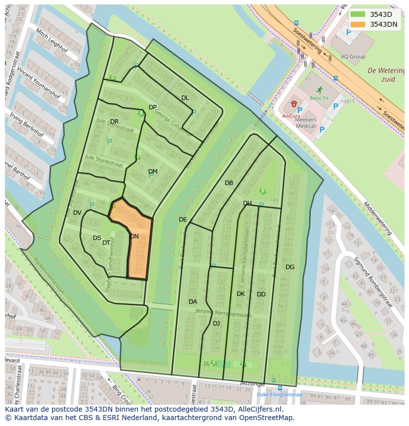Afbeelding van het postcodegebied 3543 DN op de kaart.