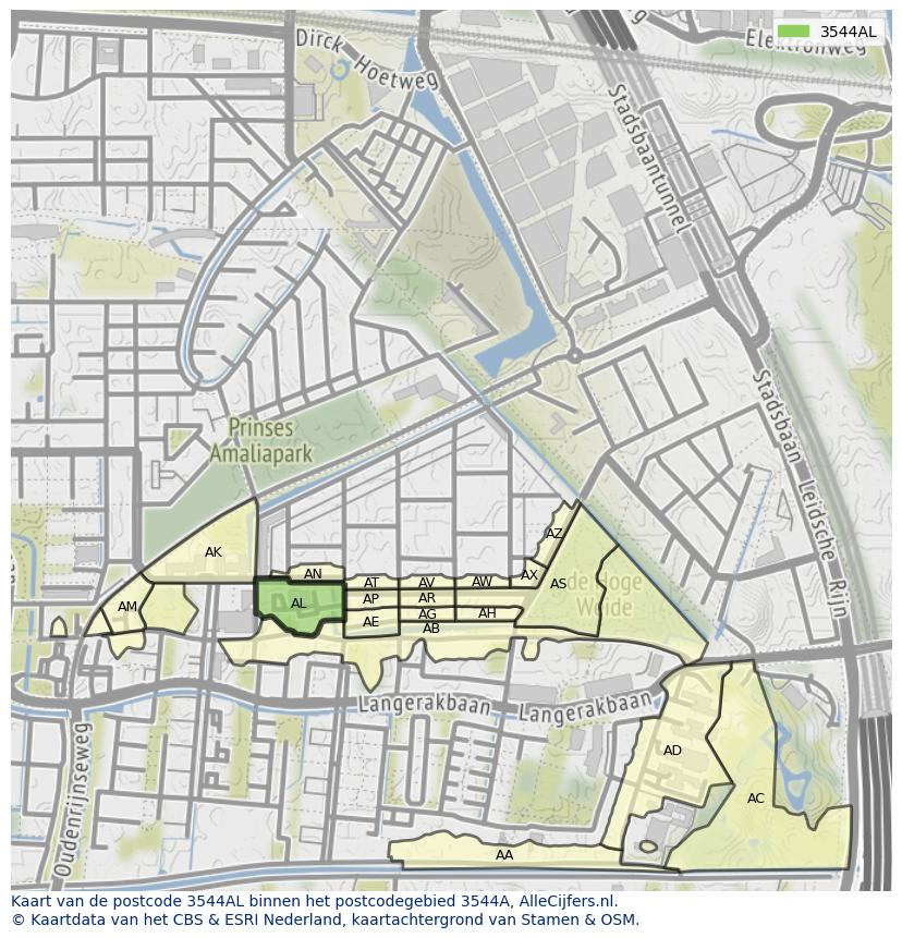 Afbeelding van het postcodegebied 3544 AL op de kaart.