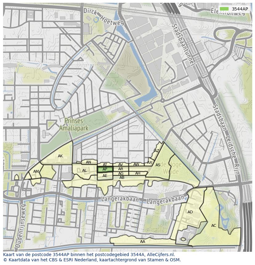 Afbeelding van het postcodegebied 3544 AP op de kaart.