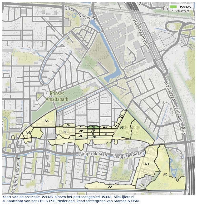 Afbeelding van het postcodegebied 3544 AV op de kaart.
