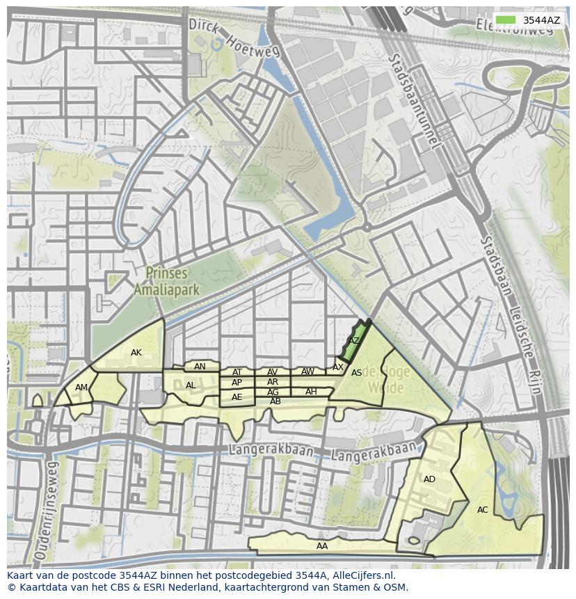 Afbeelding van het postcodegebied 3544 AZ op de kaart.
