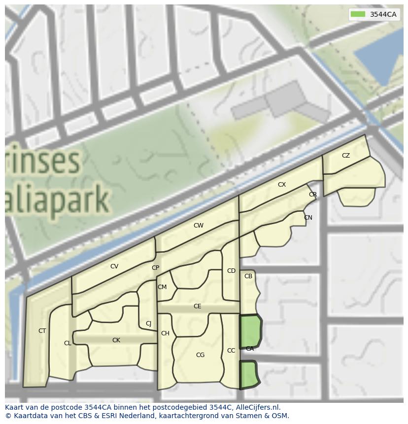 Afbeelding van het postcodegebied 3544 CA op de kaart.