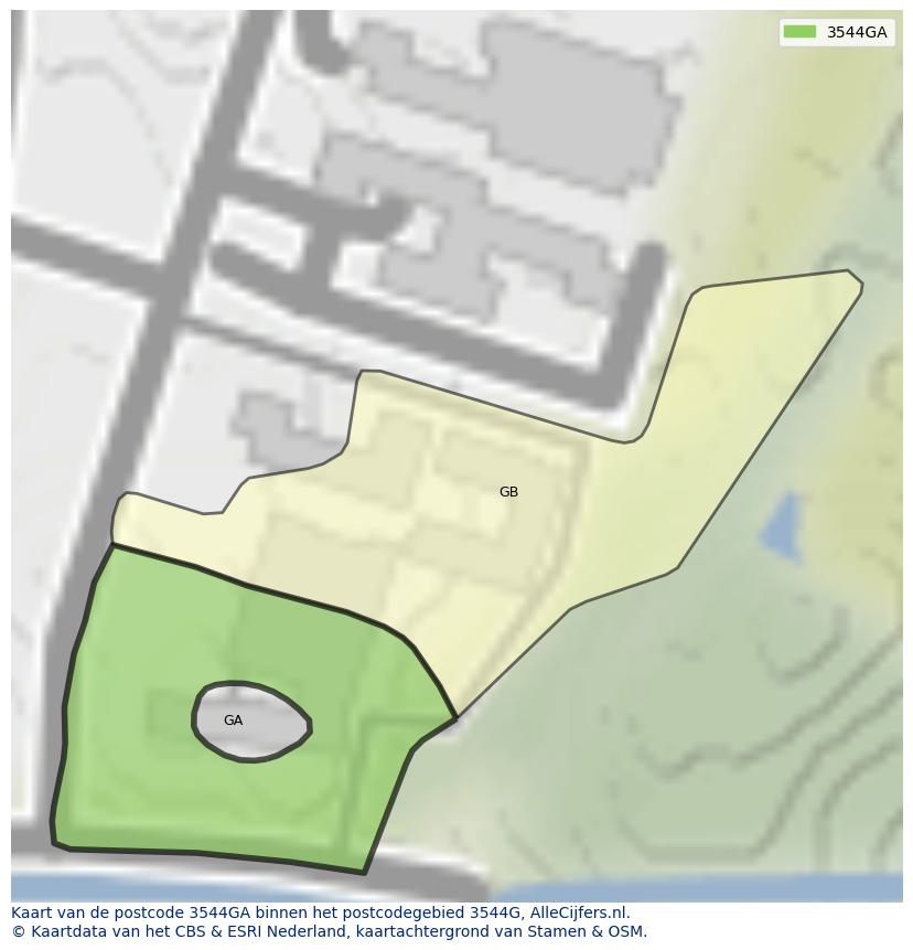 Afbeelding van het postcodegebied 3544 GA op de kaart.