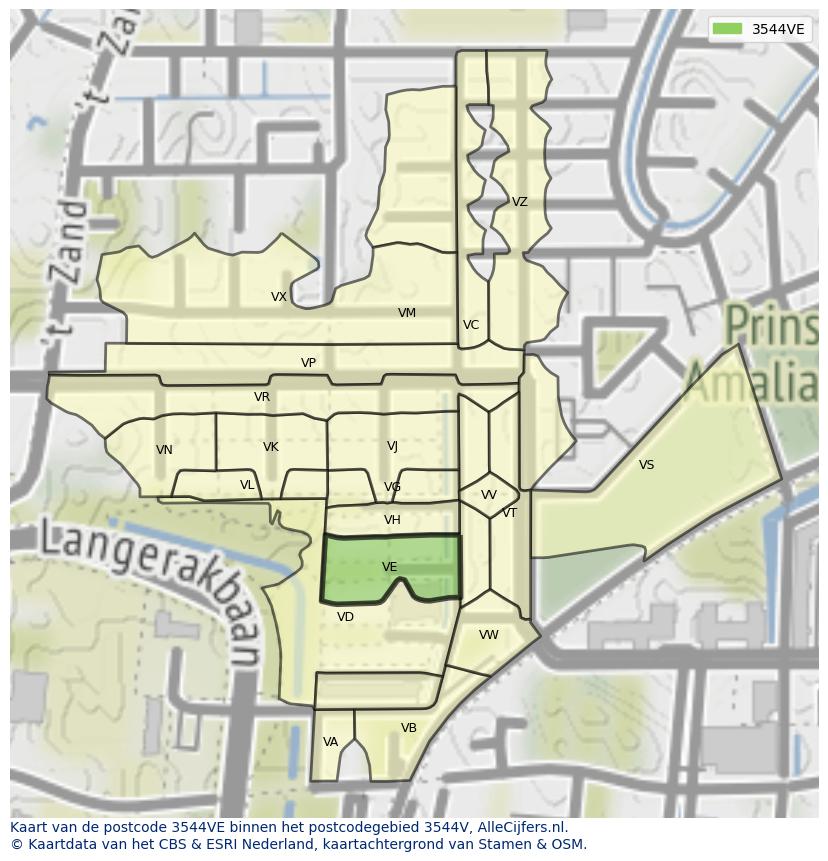 Afbeelding van het postcodegebied 3544 VE op de kaart.