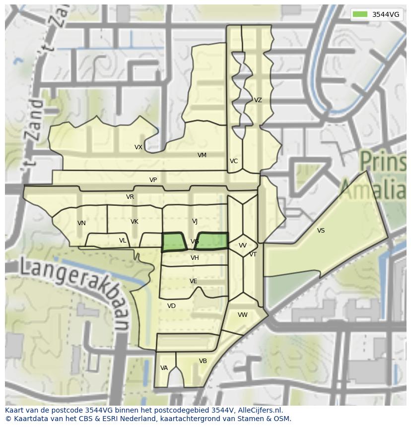 Afbeelding van het postcodegebied 3544 VG op de kaart.