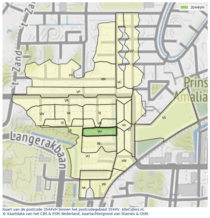 Afbeelding van het postcodegebied 3544 VH op de kaart.