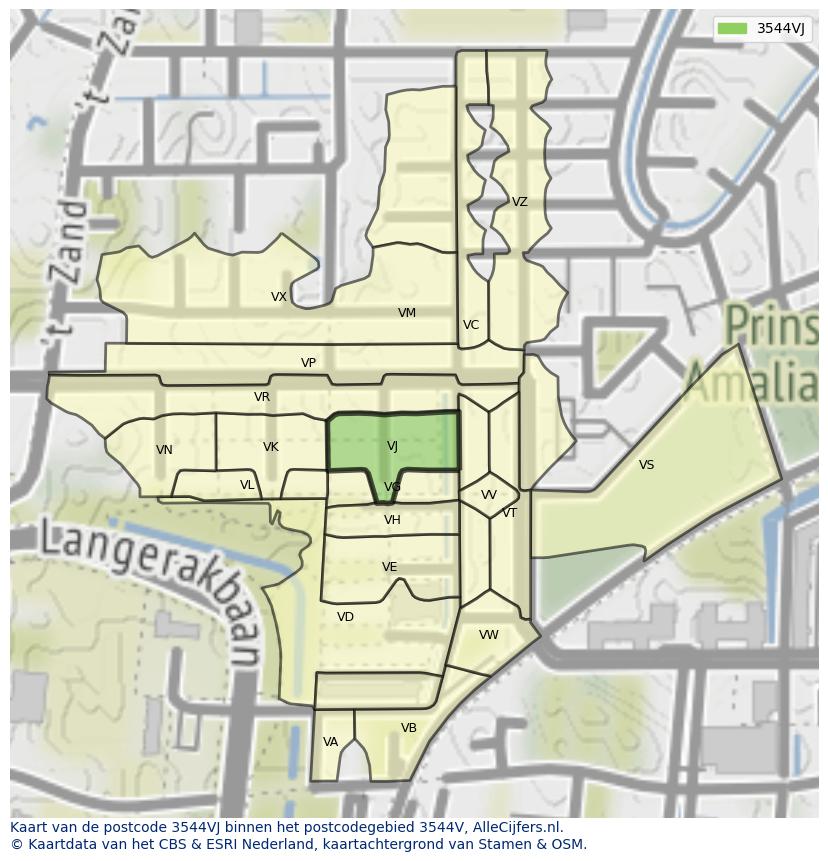 Afbeelding van het postcodegebied 3544 VJ op de kaart.