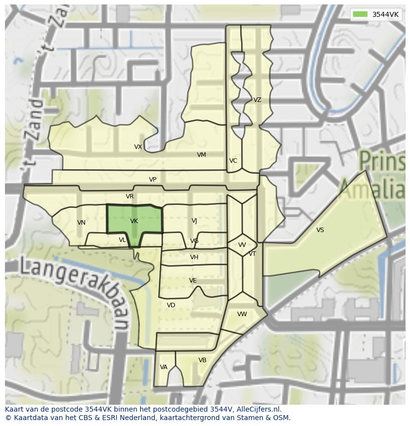 Afbeelding van het postcodegebied 3544 VK op de kaart.