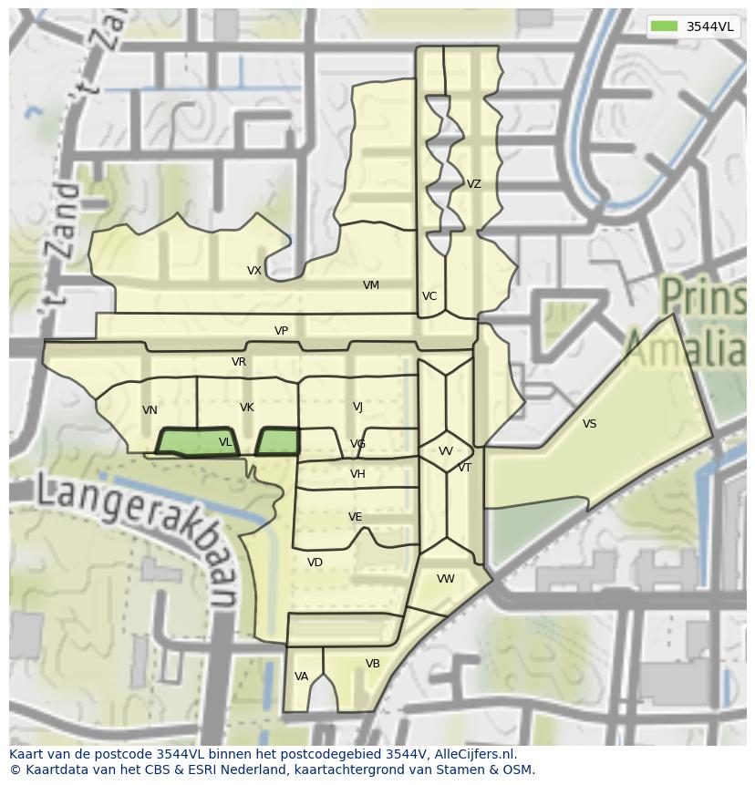 Afbeelding van het postcodegebied 3544 VL op de kaart.