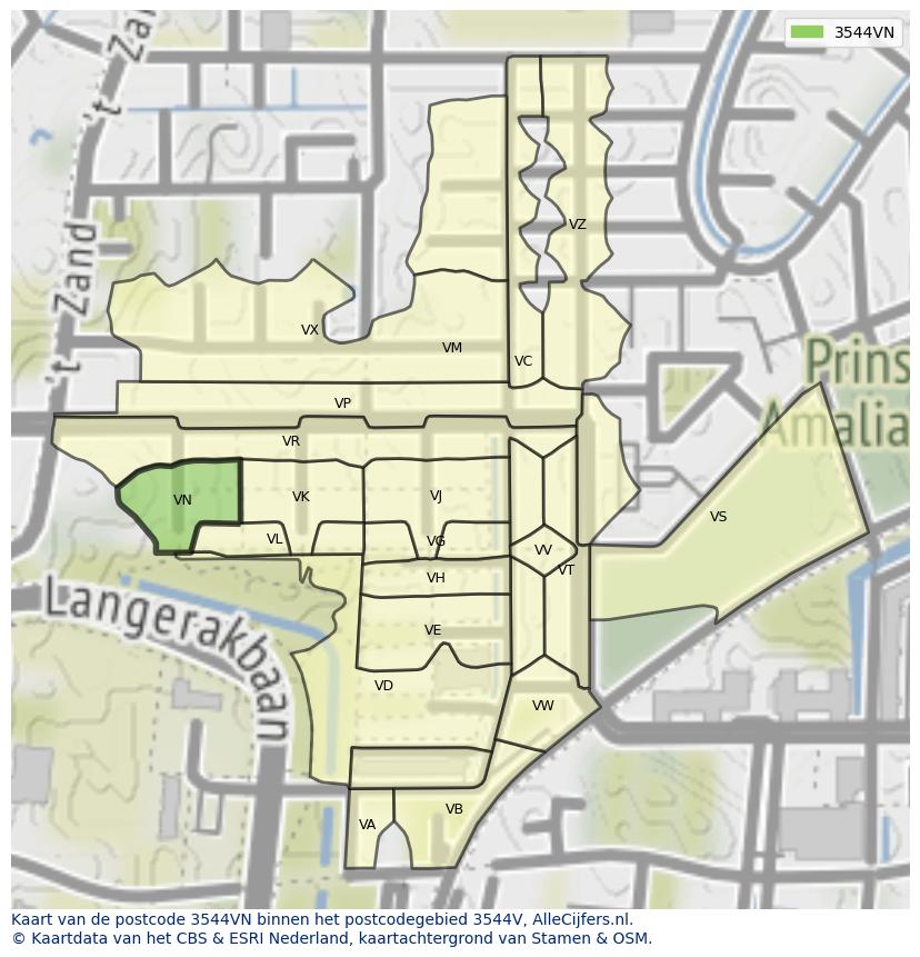 Afbeelding van het postcodegebied 3544 VN op de kaart.