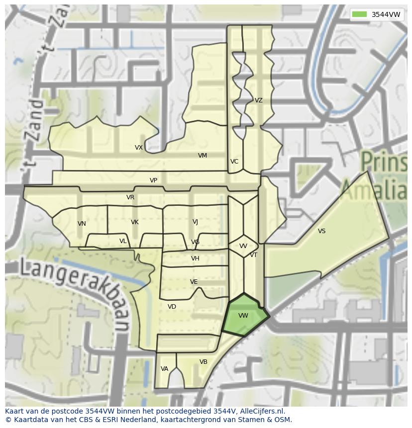 Afbeelding van het postcodegebied 3544 VW op de kaart.