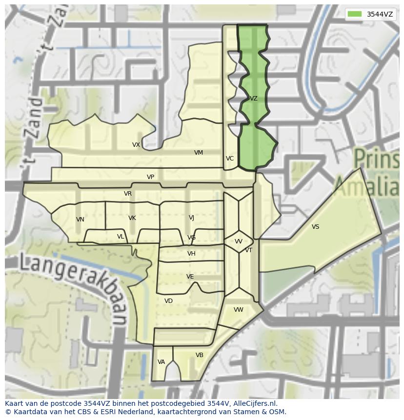 Afbeelding van het postcodegebied 3544 VZ op de kaart.