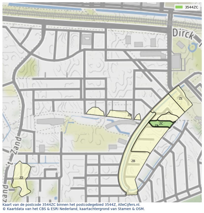 Afbeelding van het postcodegebied 3544 ZC op de kaart.