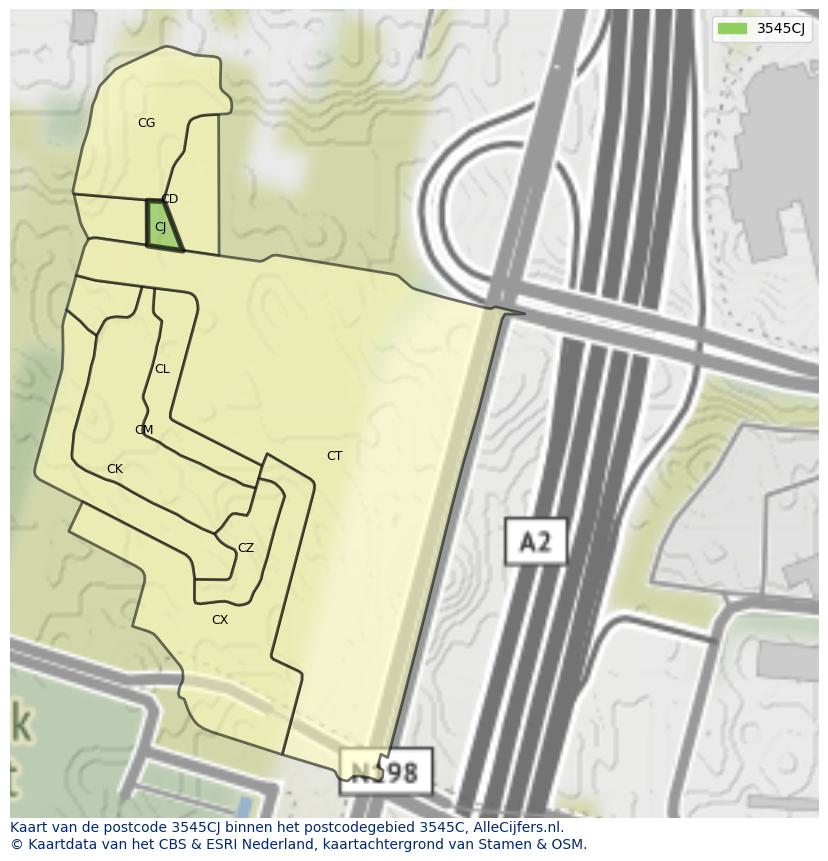 Afbeelding van het postcodegebied 3545 CJ op de kaart.