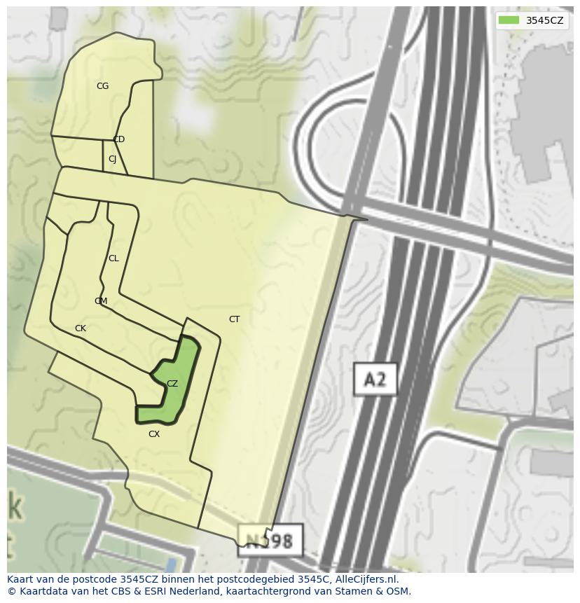 Afbeelding van het postcodegebied 3545 CZ op de kaart.