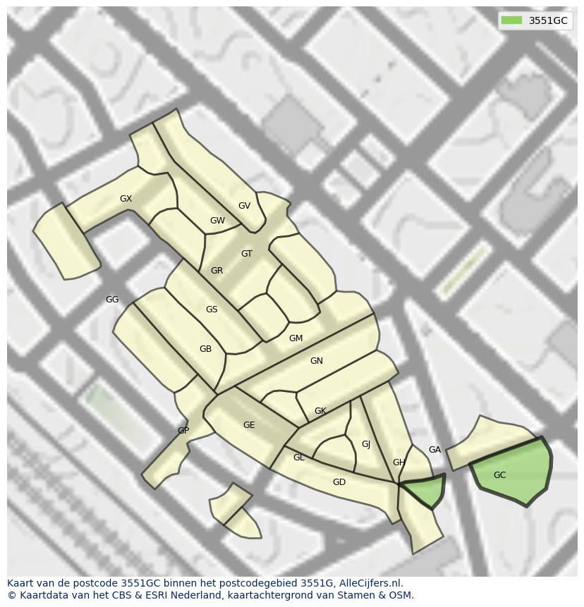 Afbeelding van het postcodegebied 3551 GC op de kaart.
