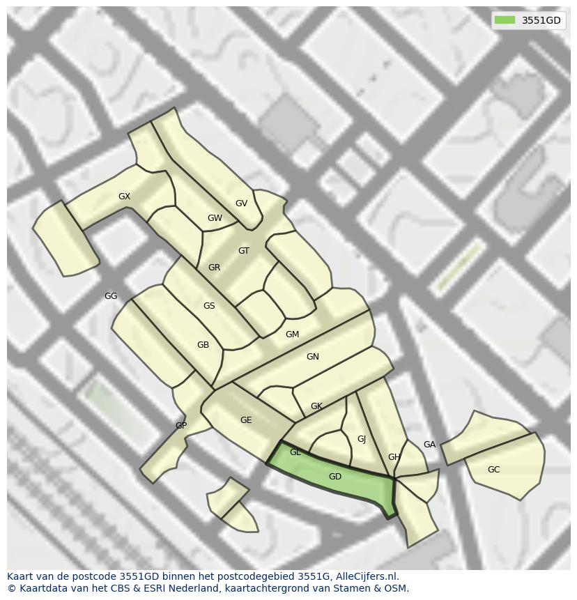 Afbeelding van het postcodegebied 3551 GD op de kaart.