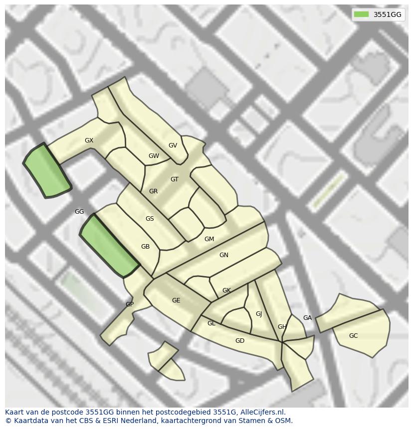Afbeelding van het postcodegebied 3551 GG op de kaart.