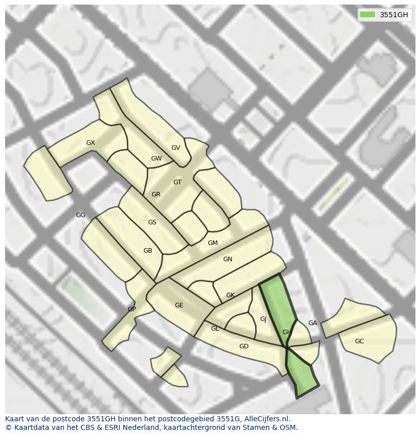 Afbeelding van het postcodegebied 3551 GH op de kaart.