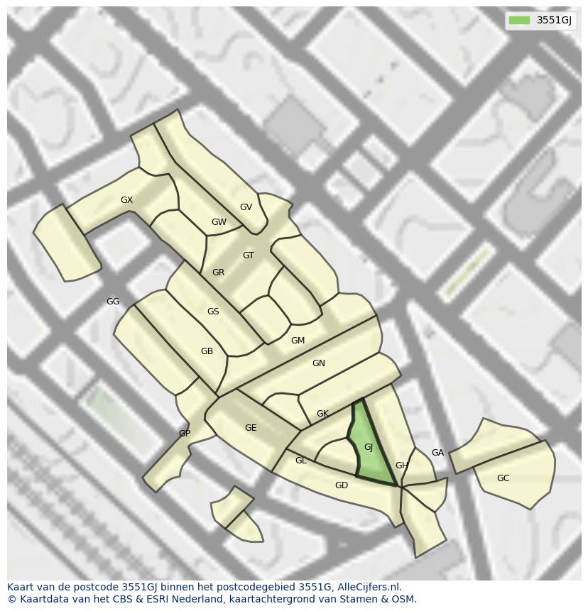 Afbeelding van het postcodegebied 3551 GJ op de kaart.