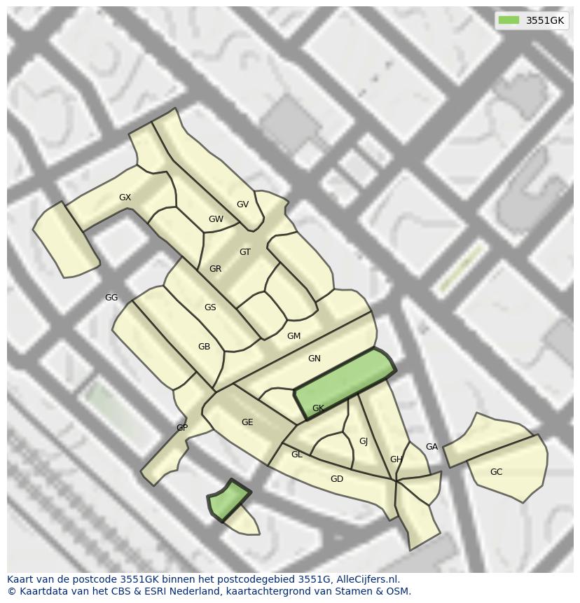 Afbeelding van het postcodegebied 3551 GK op de kaart.