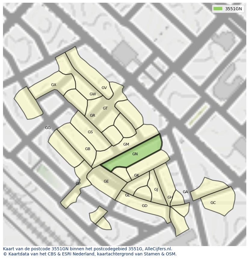 Afbeelding van het postcodegebied 3551 GN op de kaart.