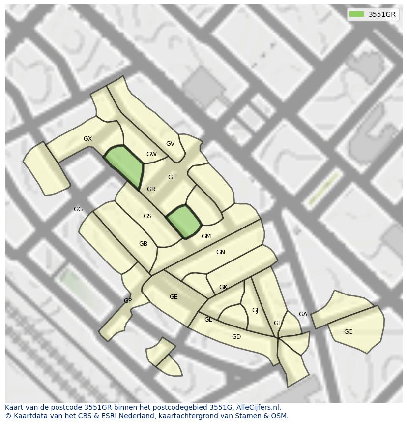 Afbeelding van het postcodegebied 3551 GR op de kaart.