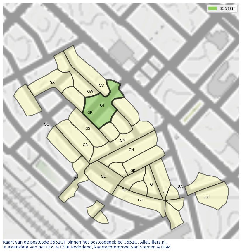 Afbeelding van het postcodegebied 3551 GT op de kaart.
