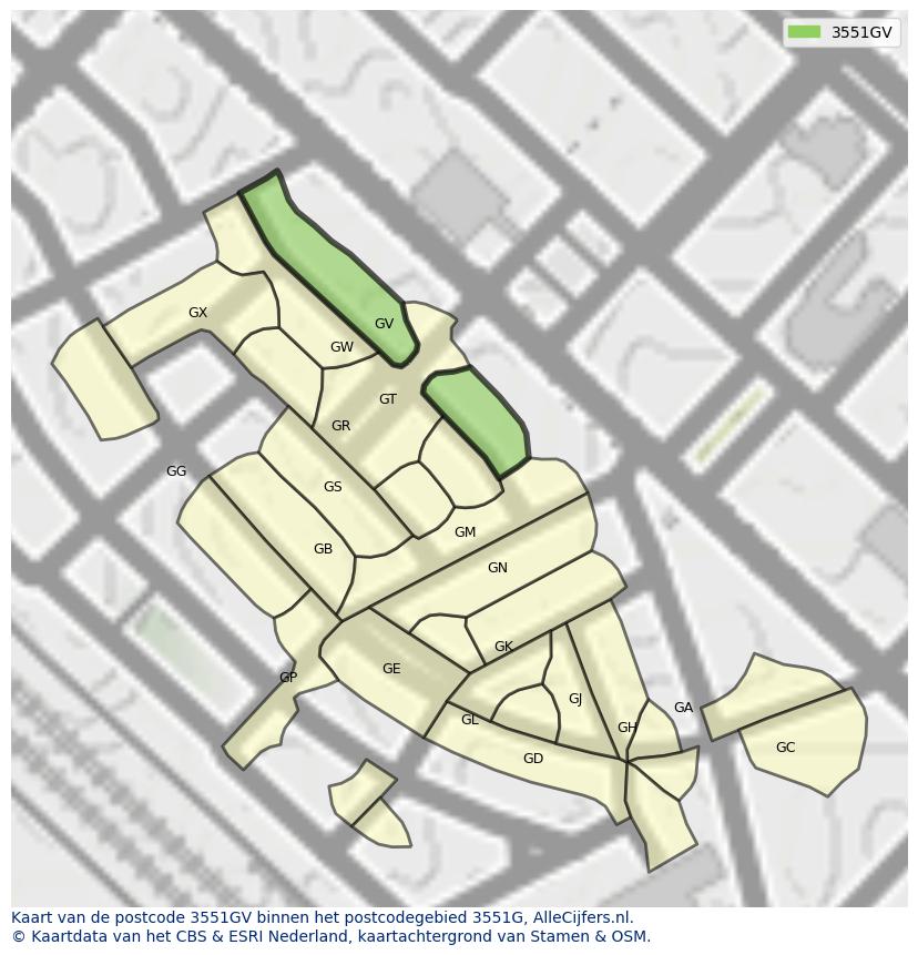 Afbeelding van het postcodegebied 3551 GV op de kaart.