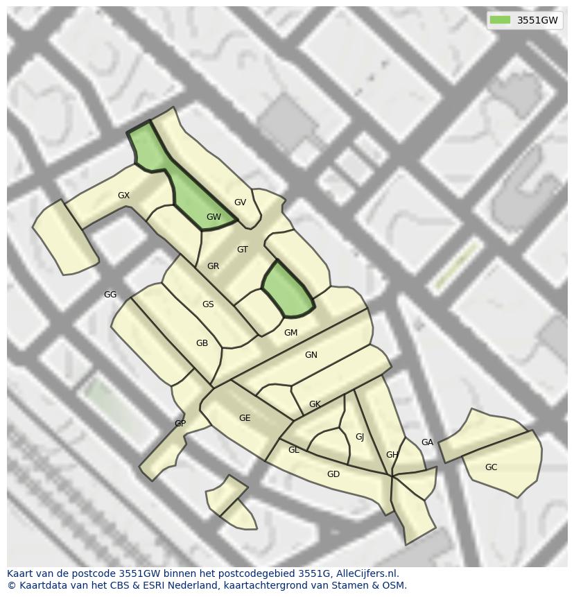 Afbeelding van het postcodegebied 3551 GW op de kaart.