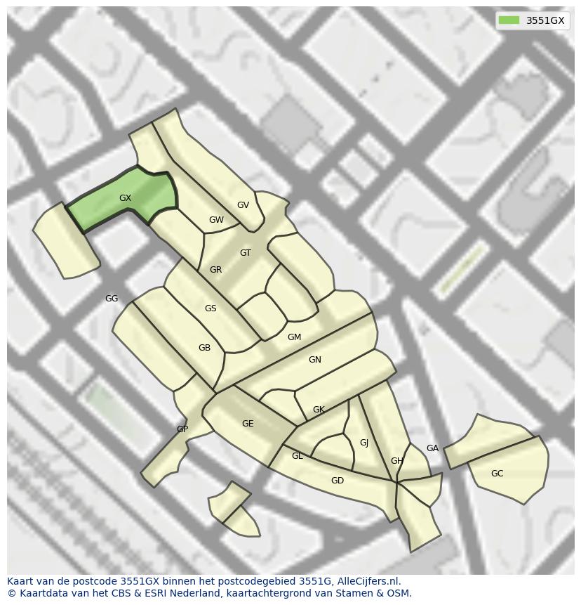 Afbeelding van het postcodegebied 3551 GX op de kaart.