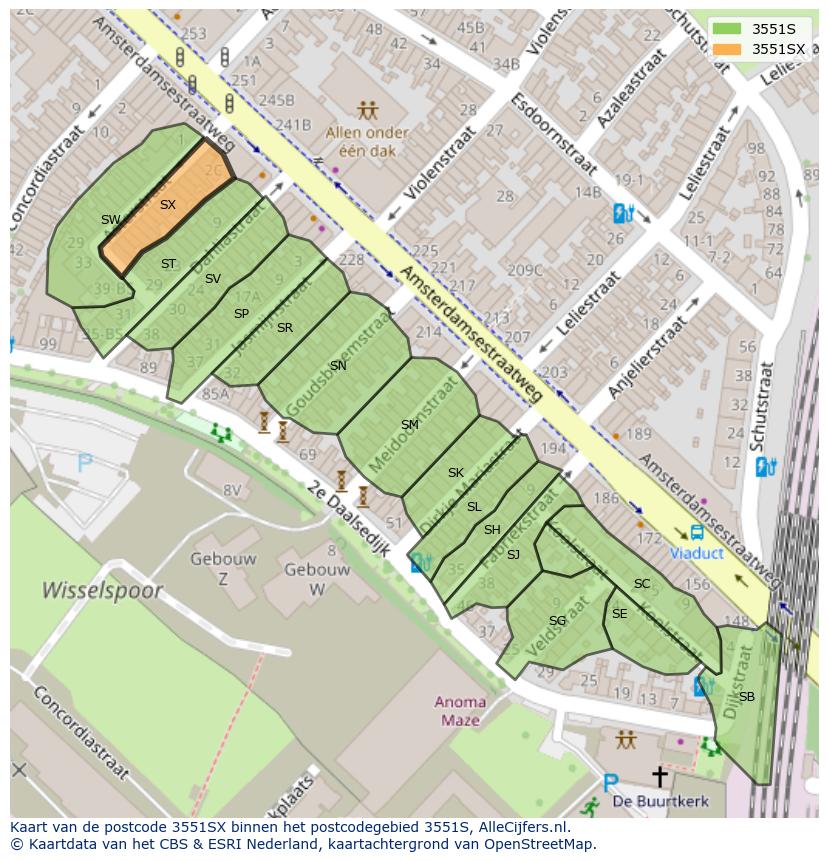 Afbeelding van het postcodegebied 3551 SX op de kaart.