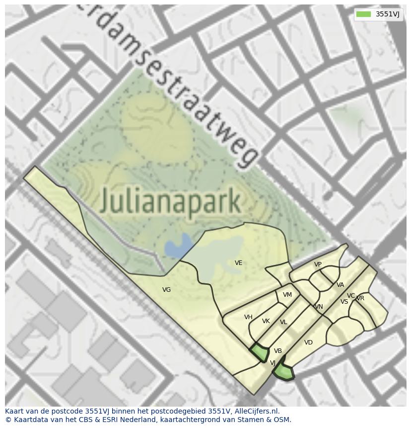 Afbeelding van het postcodegebied 3551 VJ op de kaart.