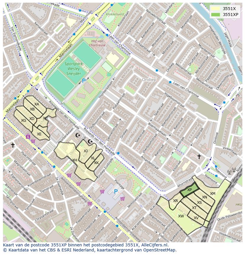 Afbeelding van het postcodegebied 3551 XP op de kaart.