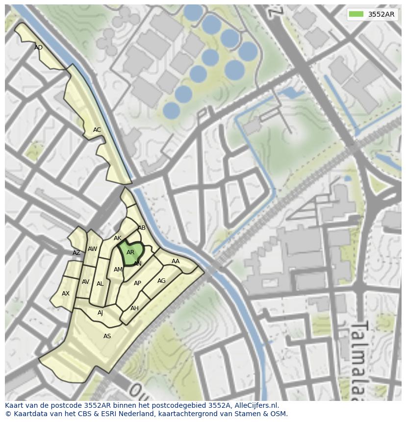 Afbeelding van het postcodegebied 3552 AR op de kaart.