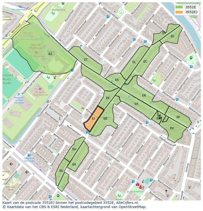 Afbeelding van het postcodegebied 3552 EJ op de kaart.