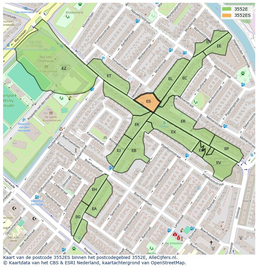 Afbeelding van het postcodegebied 3552 ES op de kaart.