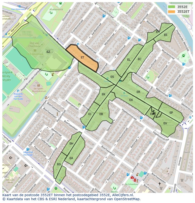 Afbeelding van het postcodegebied 3552 ET op de kaart.