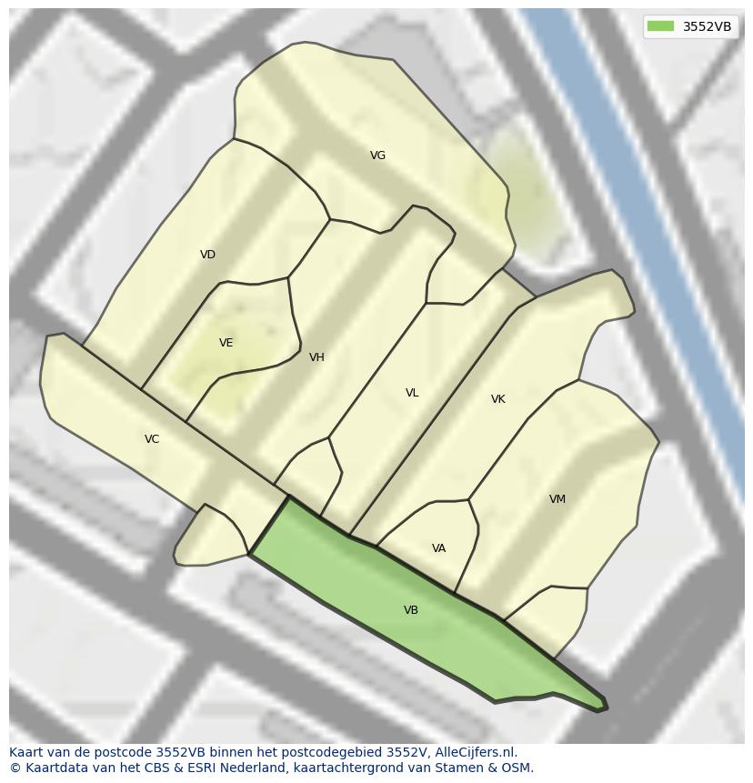Afbeelding van het postcodegebied 3552 VB op de kaart.